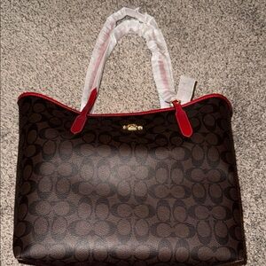 Coach Dark Brown and Red Tote Bag